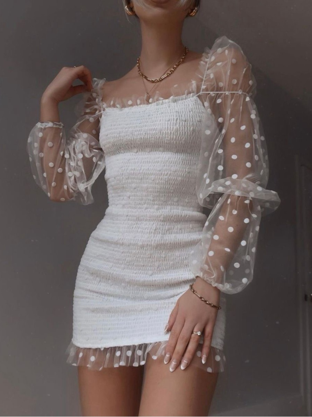 White Smocked Mini Dress with Sheer Polka Dot Sleeves